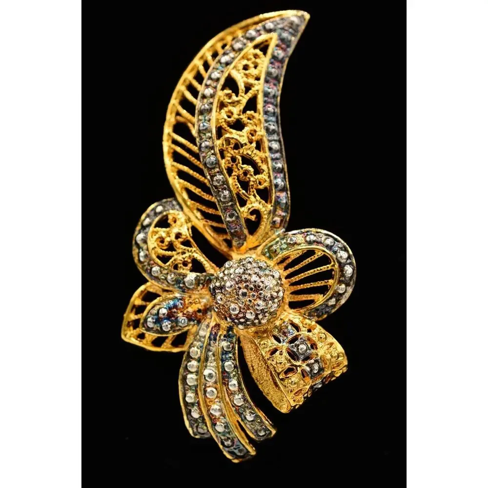 Vintage Flower Bow Pin Brooch Gold Silver Tone Antiqued Gunmetal Chunky 1980s 9B